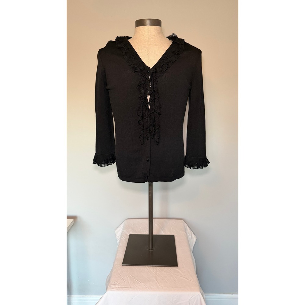 Jones New York Signature Black Ruffle Lace Trim Cardigan Sweater Large